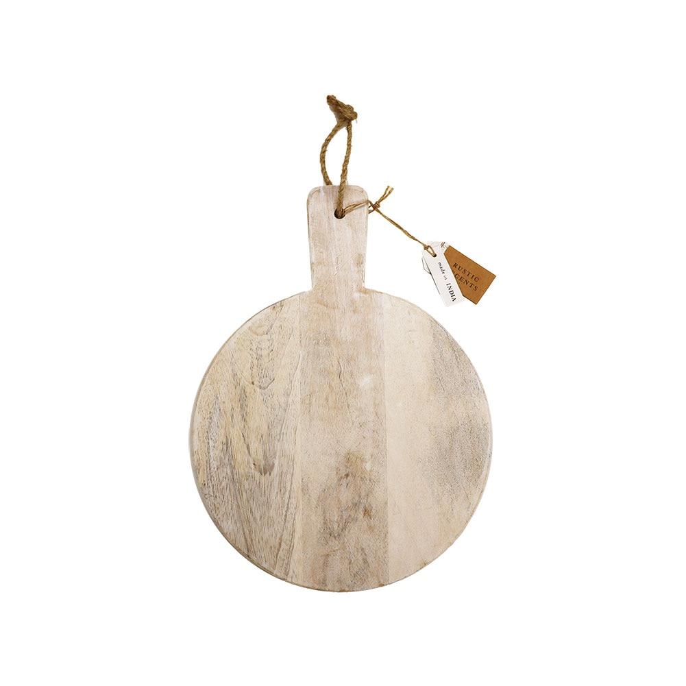 Rustic Accents Mango Wood Cutting Board Round w/Handle & Rope Hanger 10"x13.5"x0.50"H image