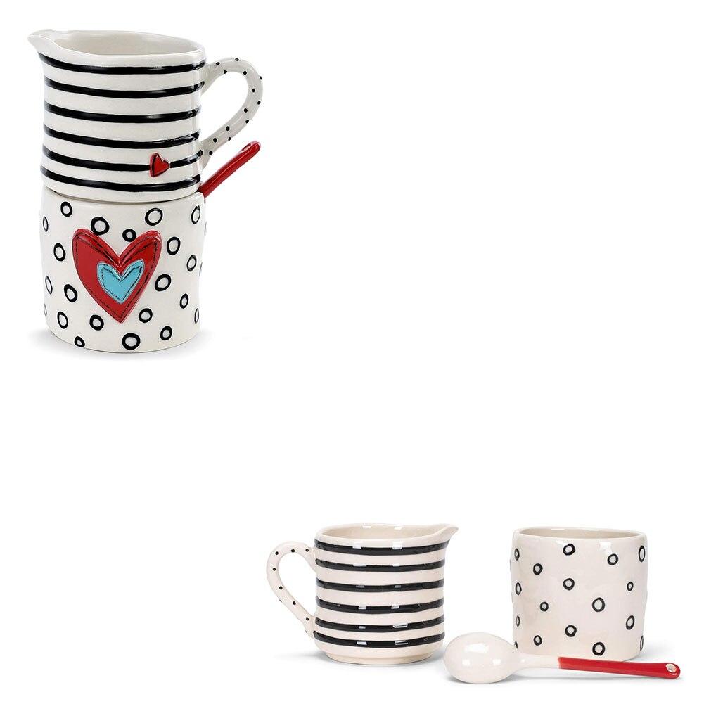 Demdaco Heart Ceramic Sugar & Creamer Stacker w/Spoon 4.5x3x6"H NO ONLINE SALES image