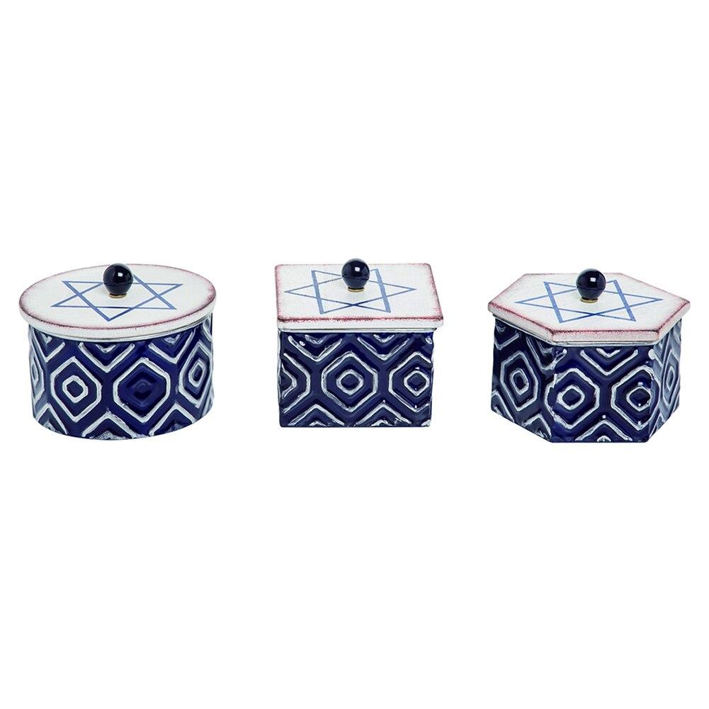 Transpac Metal Blue Star Box With Lid SET/3  5"x4"H, 5.5"x4"H image