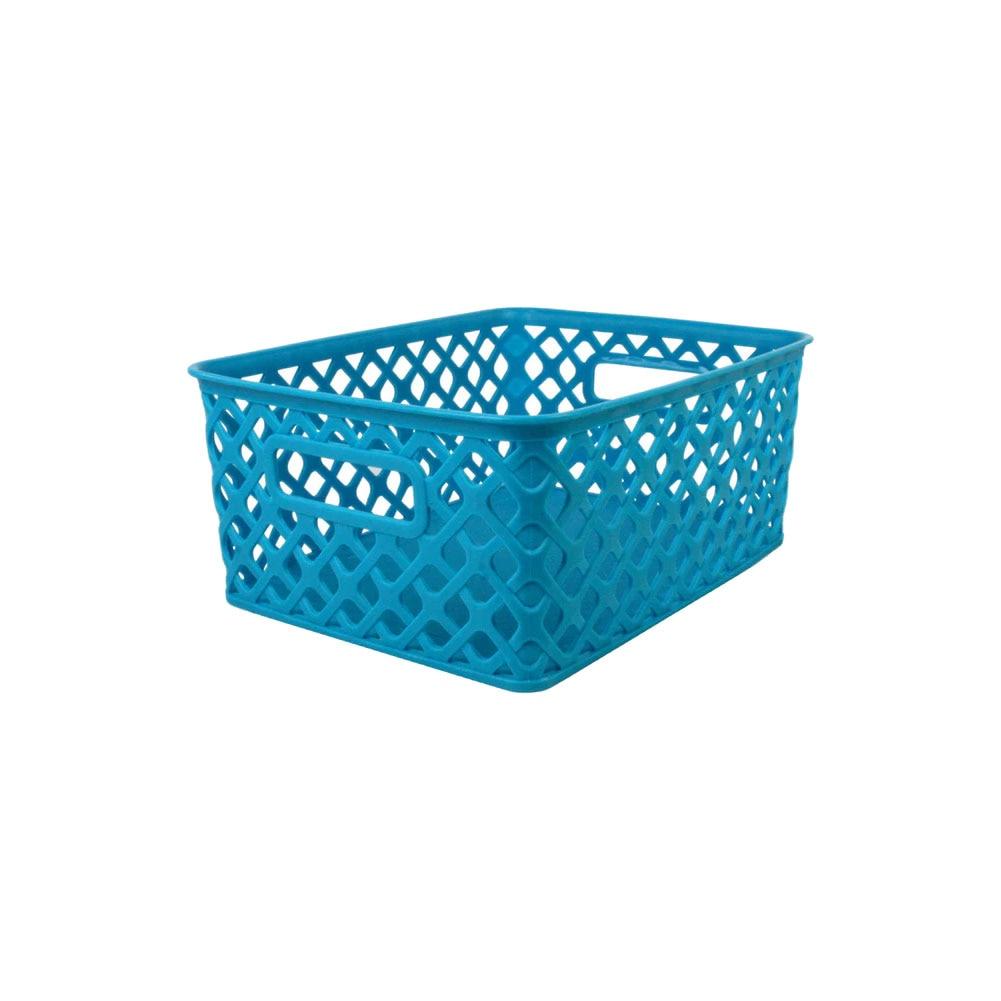 Romanoff Small Woven Basket w/Handles Turquoise Plastic 10"x7.75"x4.25"H image