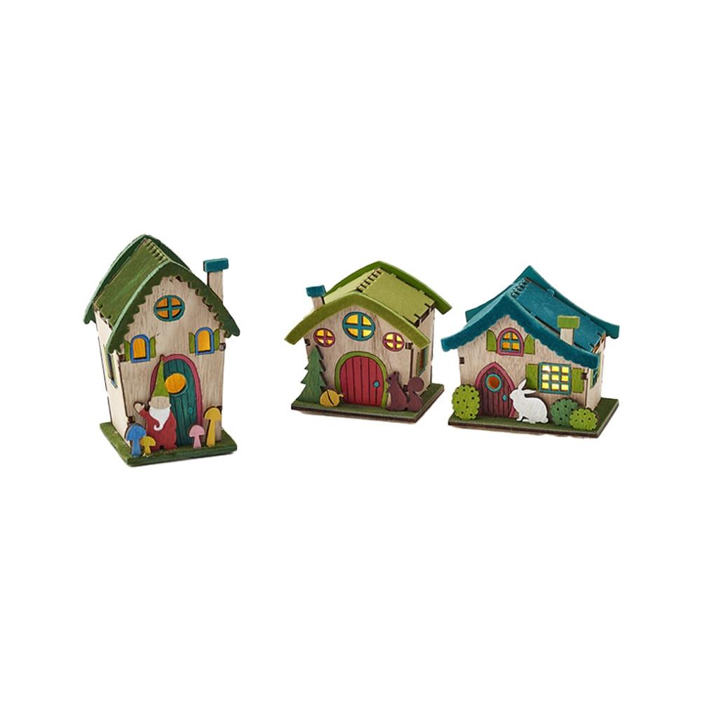 180 Degrees Flocked Cottage Ornament, MDF, 3 Asst, Light Up w/Battery, 2.5", 3", 4"H image