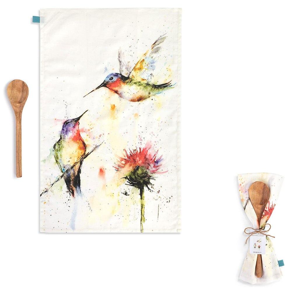 Demdaco Hummingbird Stopping By Cotton/Linen Towel 17x28" w/Wooden Spoon NO ONLINE SALES image