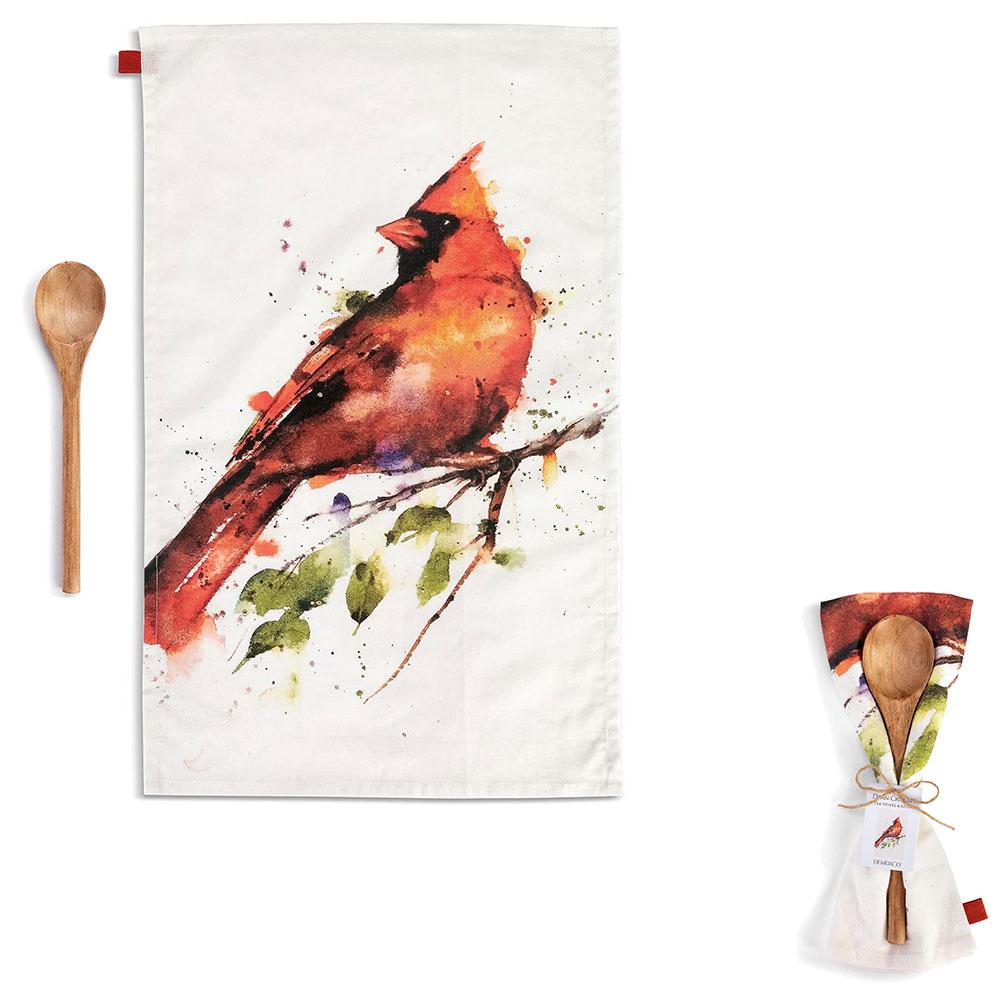 Demdaco Spring Cardinal Cotton/Linen Towel 17"x28" & Wooden Spoon Set 12'L NO ONLINE SALES image