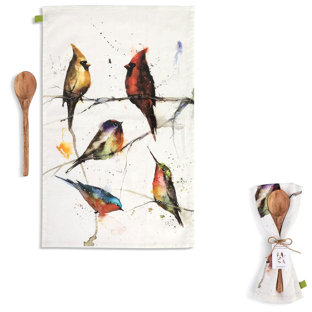 Demdaco Birds In Tree Cotton/Linen Towel 17"x28" & Wooden Spoon Set 12'L NO ONLINE SALES image