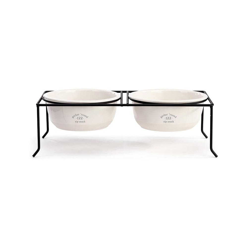 Demdaco Snack &Sip White Stoneware Pet Bowl Set 6"D w/Metal Stand 14x6x4"H NO ONLINE SALES image