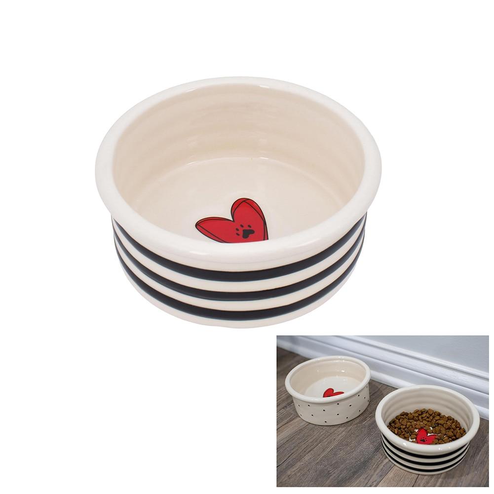 Demdaco Heart w/Paw Print & Black Stripe Pet Bowl Stoneware Medium 7"Dx3"H NO ONLINE SALES image