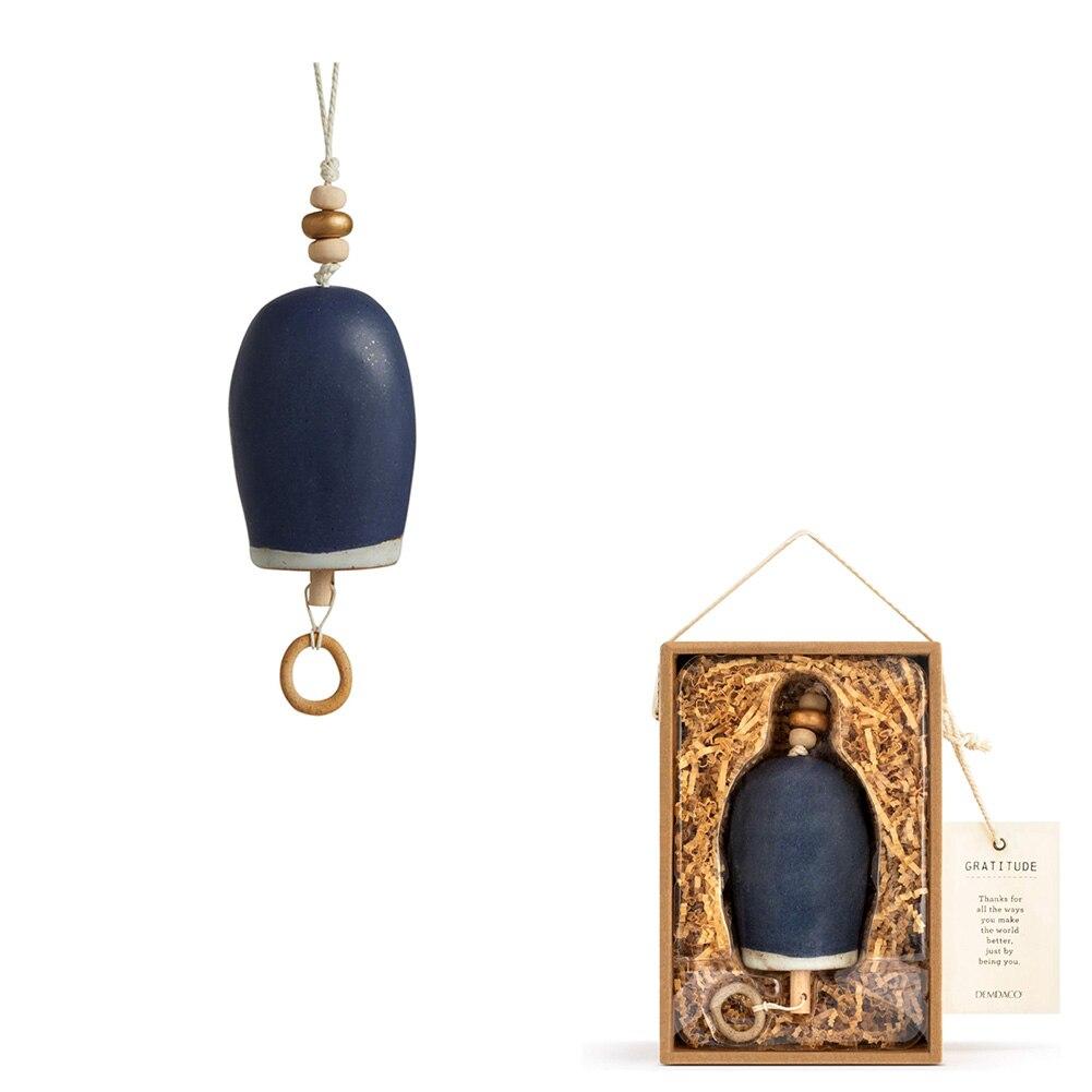 Demdaco Inspired Bell Gratitude w/Rope Hanger, Stoneware/Wood Blue, 11"H NO ONLINE SALES image