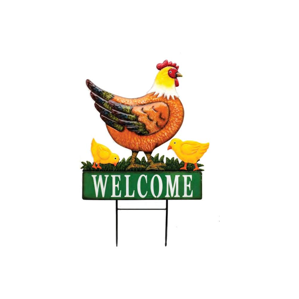 Rooster w/Chicks Welcome Metal Painted Garden Stake 20.5"x32"H image