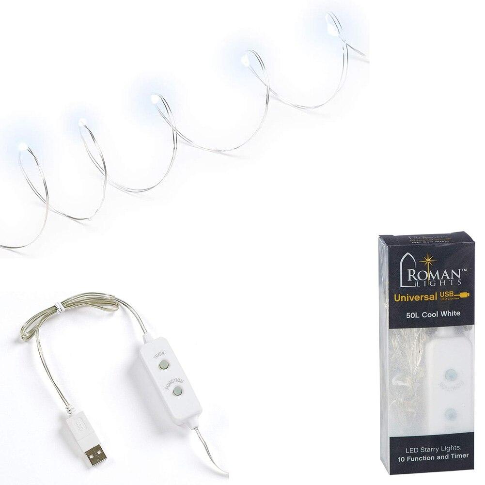 Roman 50 LED Cool White Starry Lights, 10 Function & Timer, Silver Wire, USB, 16ft L image