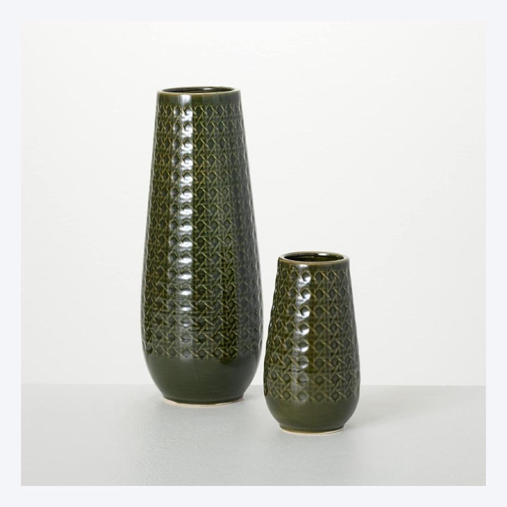 SET/2 Sullivan Ceramic Rattan Patterned Vase, Green, 4.5"Dx12"H, 3.5"Dx6.5"H image