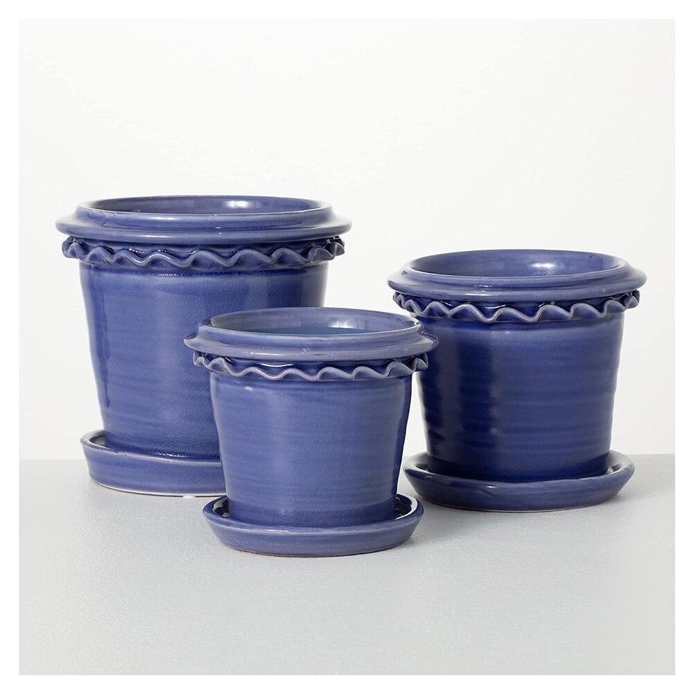 SET/3 Sullivan Ceramic Blue Planter With Saucer, 6.5"Dx6"H,7"Dx6.5"H,9"Dx8"H image