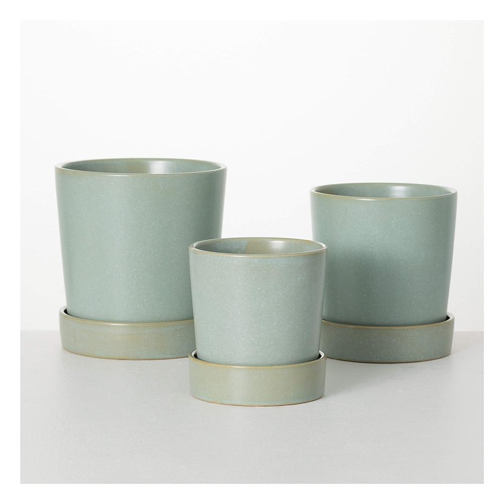 SET/3 Sullivan Ceramic Blue Planter With Saucer, 7"DX8"H, 6"Dx7"H, 6"Dx6"H image