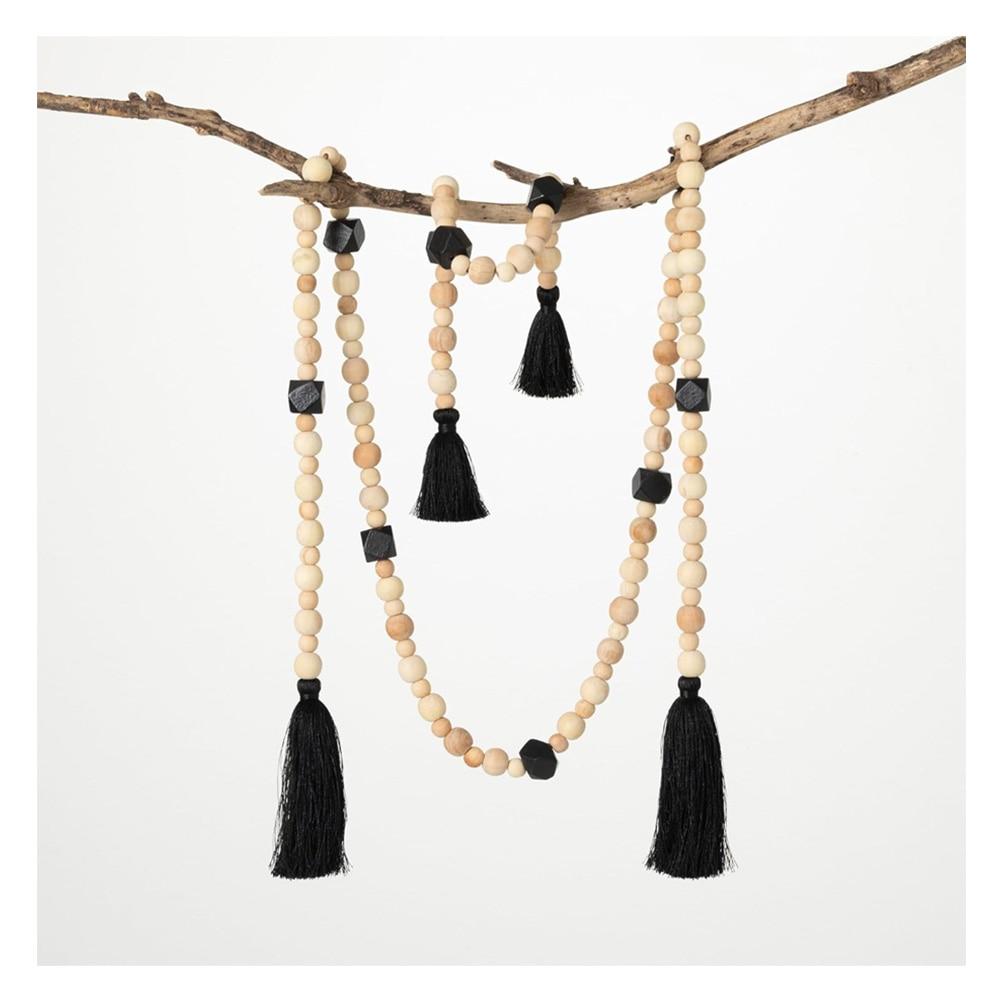 SET/2 Sullivan Wooden Bead Garland With Black Tassel 6'5.3"Lx1"Wx1"H, 24"Lx1"Wx1"H image