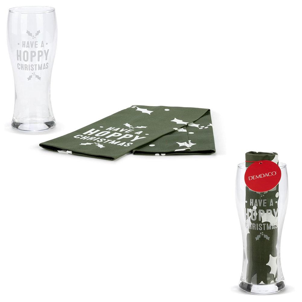 SET/2 Demdaco Happy Christmas Pilsner Glass w/Kitchen Towel, 11x21.5" NO ONLINE SALES image