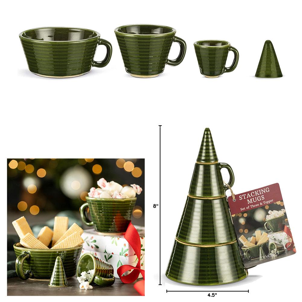 SET/3 Demdaco Ceramic Stacking Tree Mugs Green, Stacked Measures 4.5"Dx8"H NO ONLINE SALES image