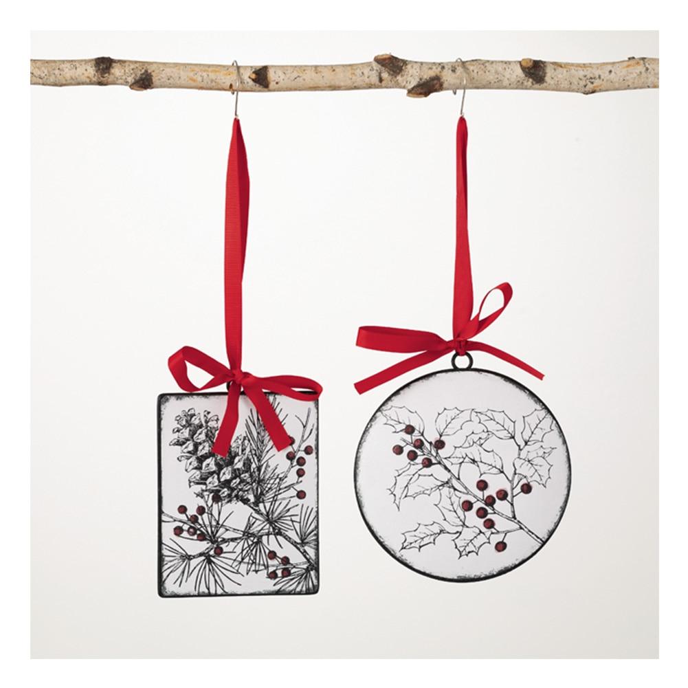 SET/2 Sullivan Metal Pine  & Holly Ornament, 6"L x .75"W x 6.25"H, 4.5"L x .5"W x 6.25"H image