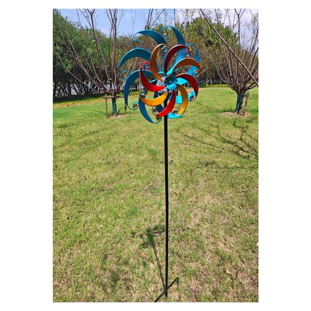 Multi Color Solar Wind Spinner Garden Stake w/Light Up Glass Crackle Ball 12"Dx56.3"H image