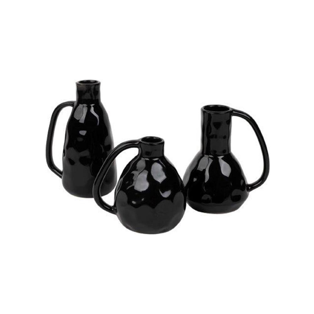 SET/3 Crossroads Black Ceramic Vases With Handles, 3.5"Dx6"H, 3.5"Dx7"H, 3"Dx7.7"H image