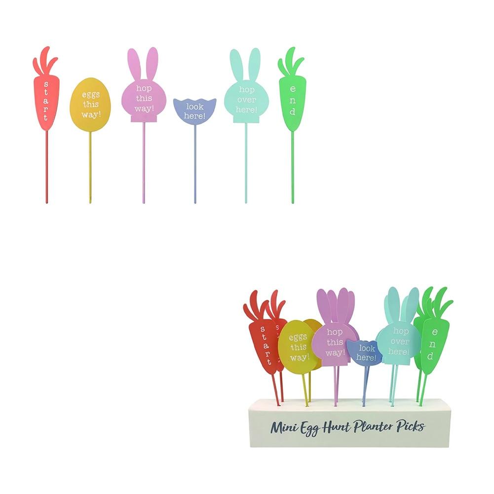 SET/12 Transpac Mini Egg Hunt Planter Picks In PDQ, 6 Asst. Metal, 5"H, 6.5"H, 8"H,8.3"H image
