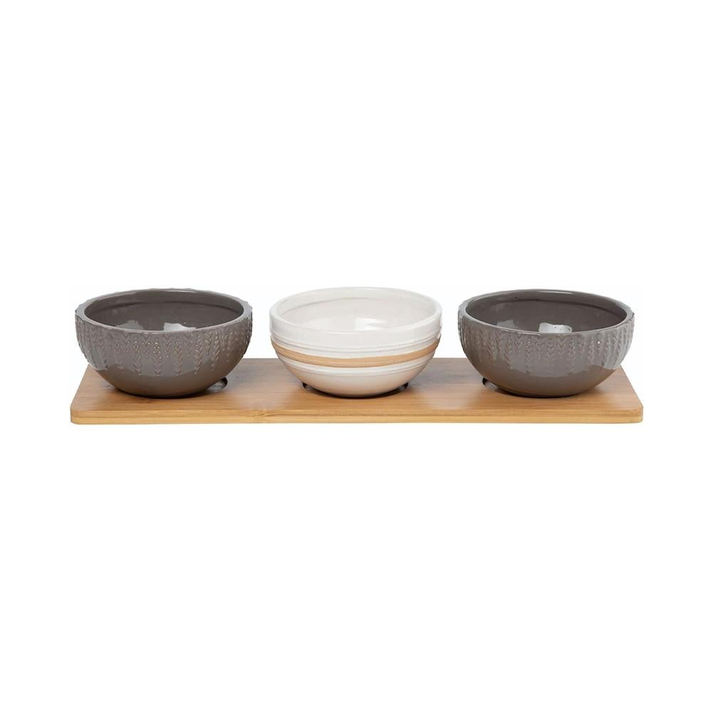 SET/4 Transpac Stoneware Bowl With Wood Tray, 5"Dx2.5"H, 15.5"Lx5"W image