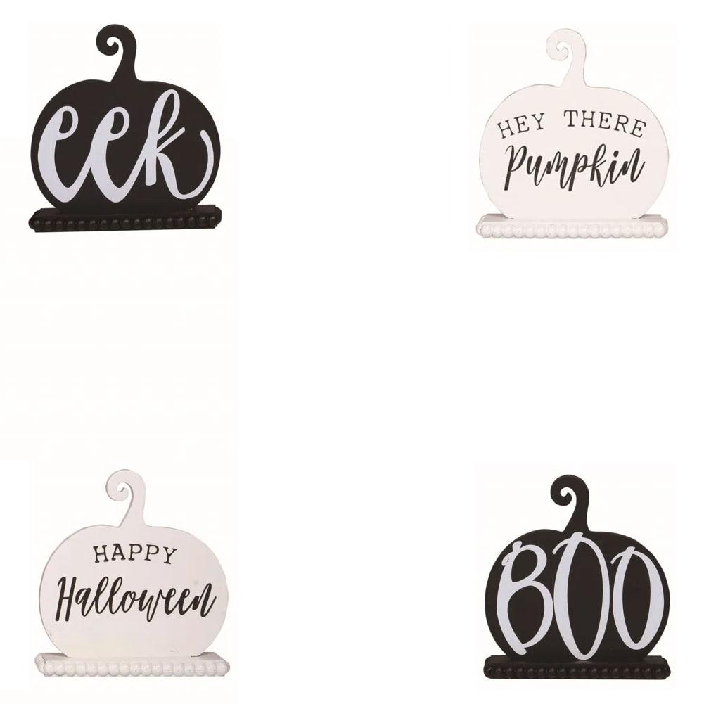 Transpac MDF Black/White Pumpkin Decor 4 Asst 6.5"x1.75"x7.5"H image