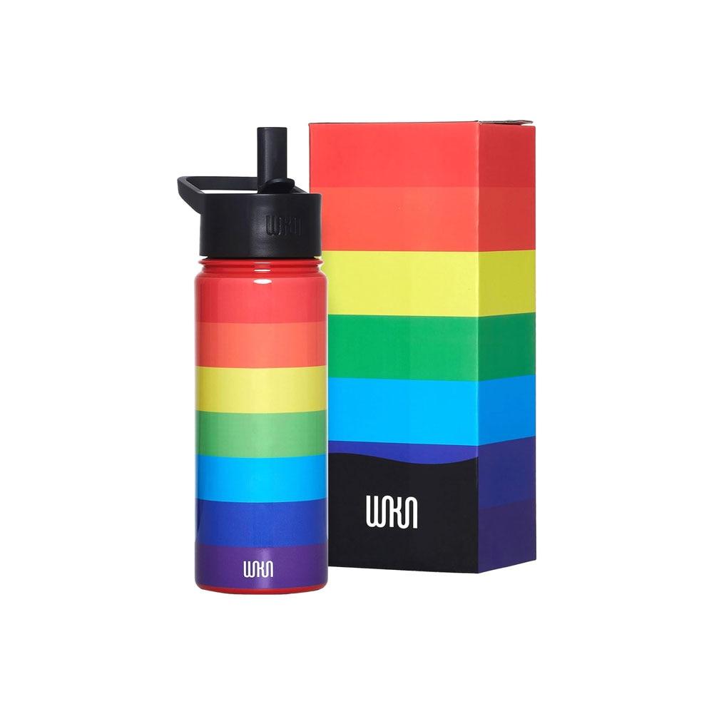 Wildkin Rainbow Stripe Steel 18oz Water Bottle w/2 Straws, Plastic Top 2.875"x8.5"H image