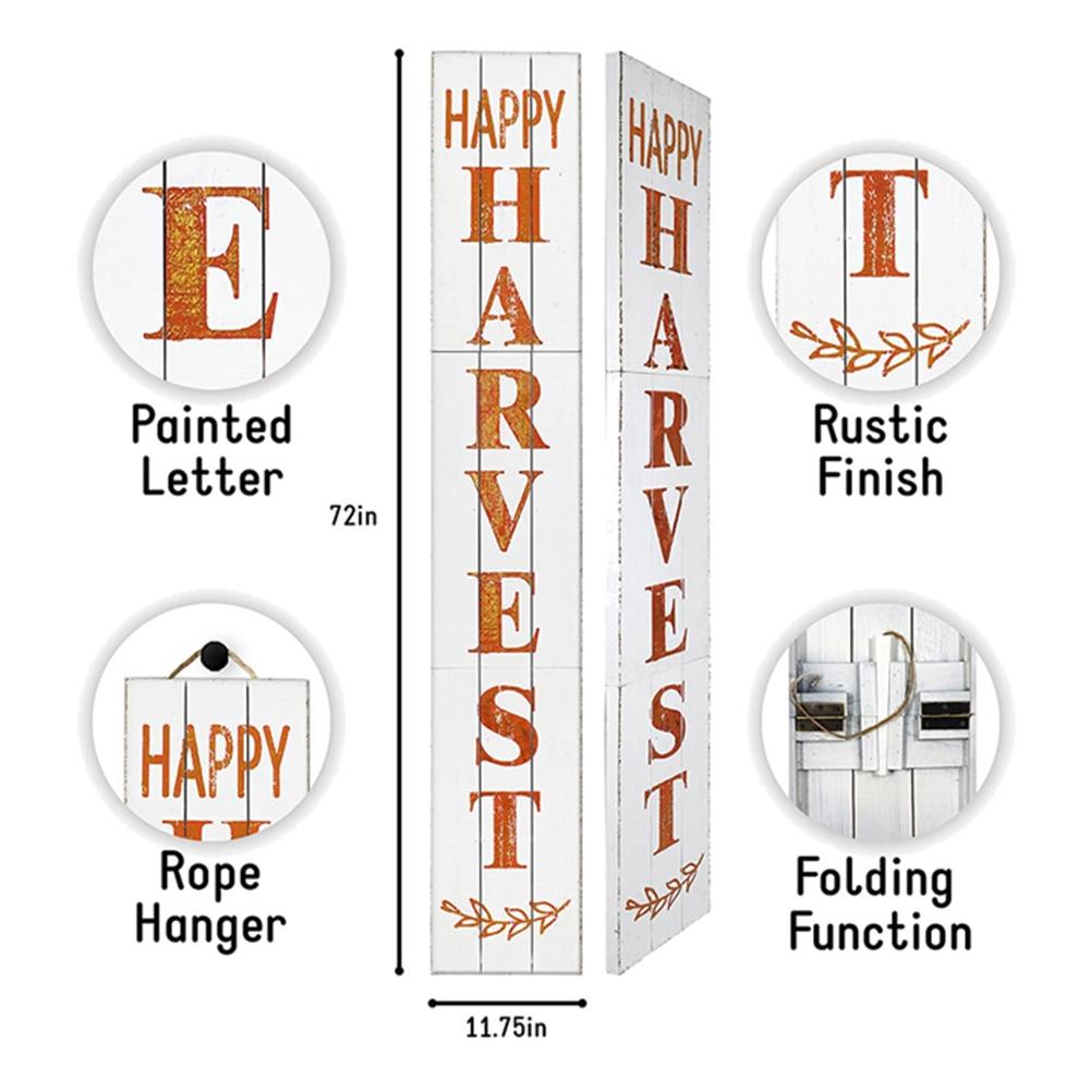 Happy Harvest Rustic Wood White Porch Sign 3-Panel, Foldable, 11.75"x1.25"x72"H image