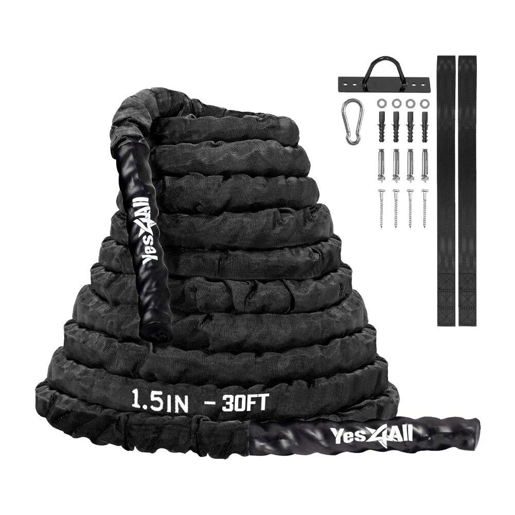 Yes 4 All Battle Rope w/Cover, Black, 1.5", 30Ft Long, Anchor & Strap NO ONLINE SALES