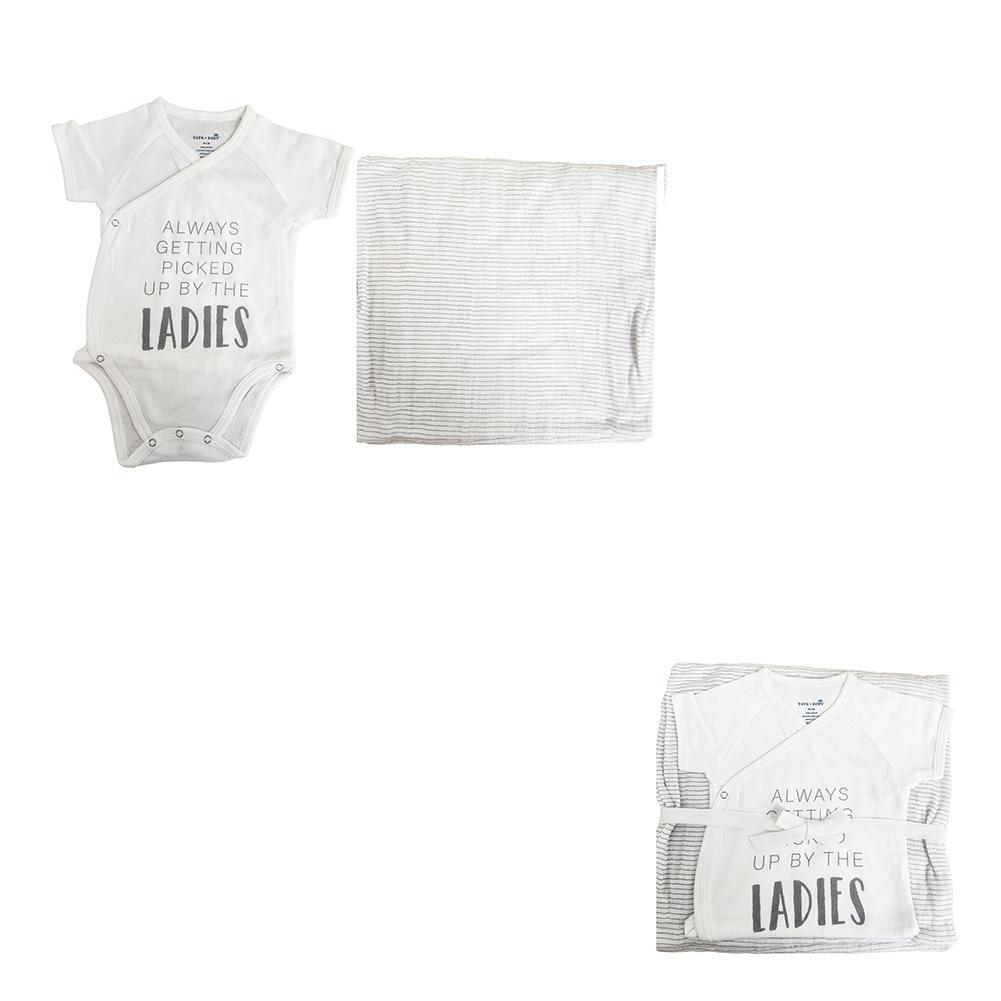 SET/2 Tate+Zoey 100% Cotton Picked Up By Ladies Onesie & Striped Swaddle Wrap