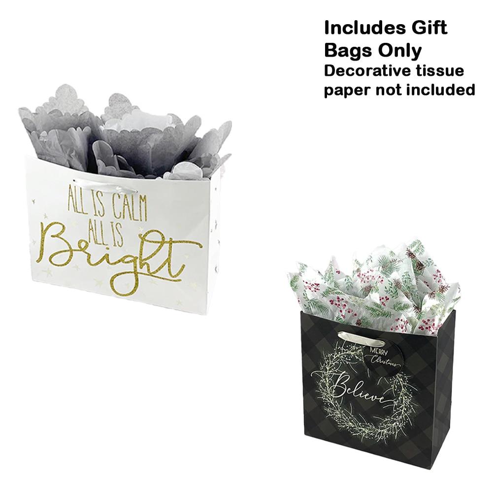 SET/2 Blueink Paper Gift Bags, Believe Wreath/Calm &Bright,10x5x10"H, 10x5x 13"H image