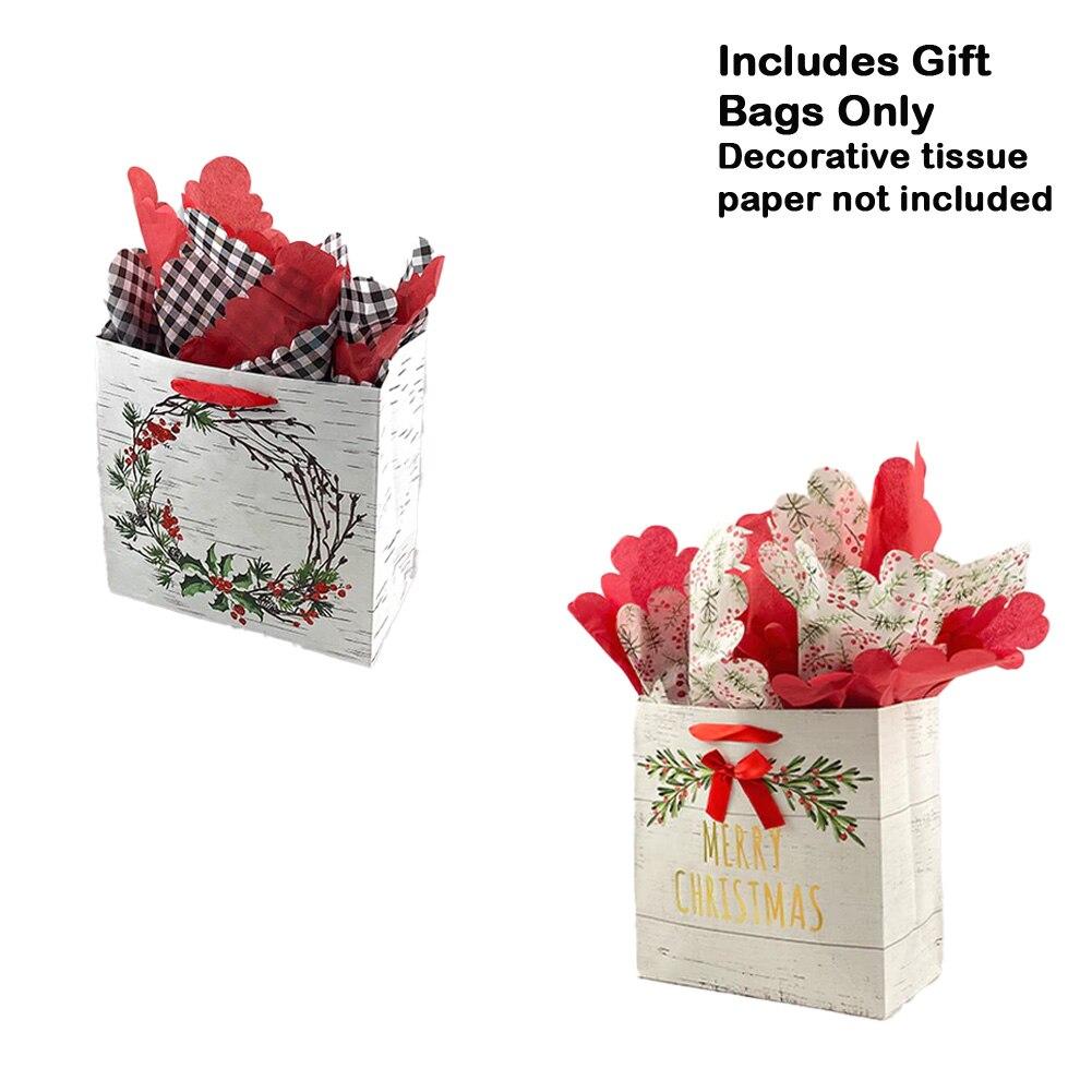 SET/2 Blueink Gift Bags, Rustic Wood Merry Christmas/Birch Berries, Paper,10x5x10"H
