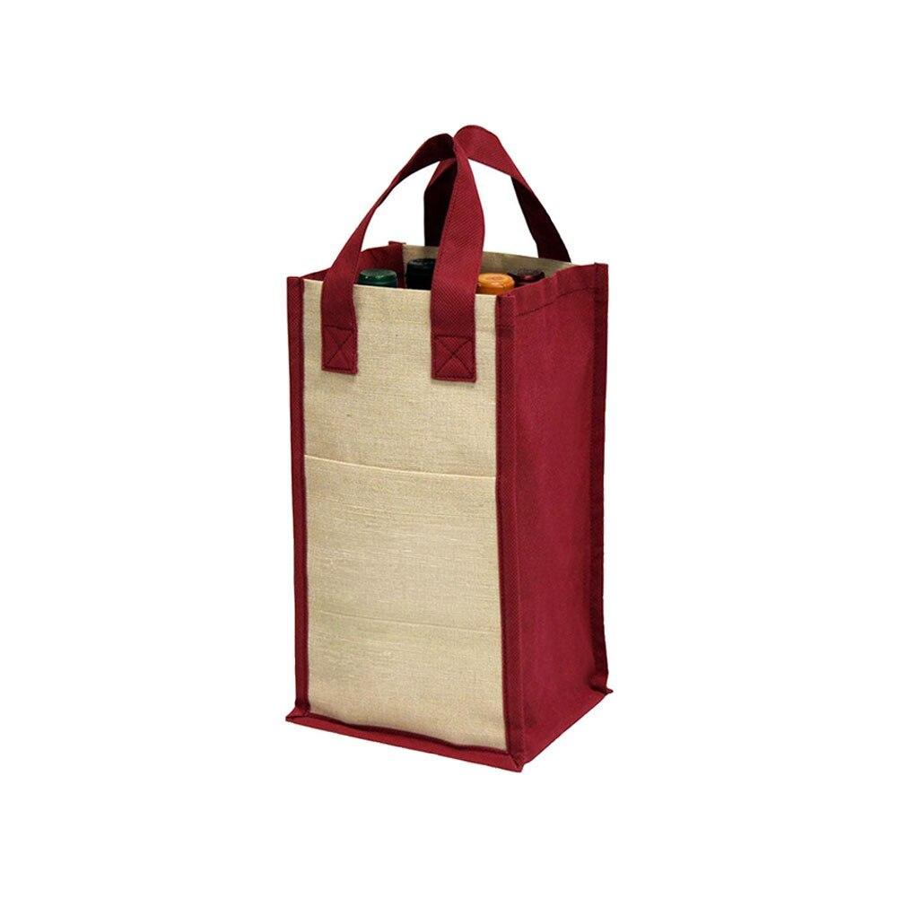 ECO 4 Bottle Wine Tote, Burgundy/Natural, Jute/Non Woven Fabric, 7.35"x6.25"x12.25"H image
