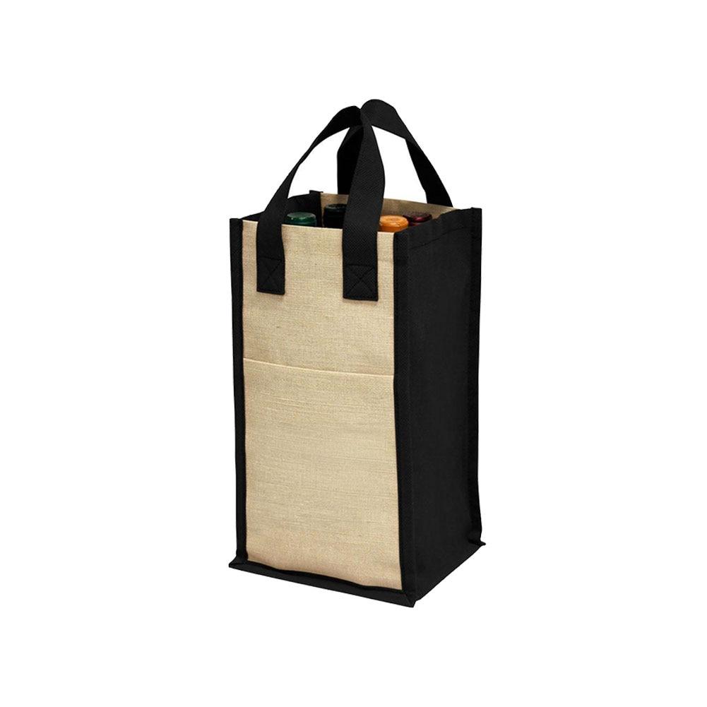 ECO 4 Bottle Wine Tote, Black/Natural, Jute/Non Woven Fabric, 7.35"x6.25"x12.25"H image