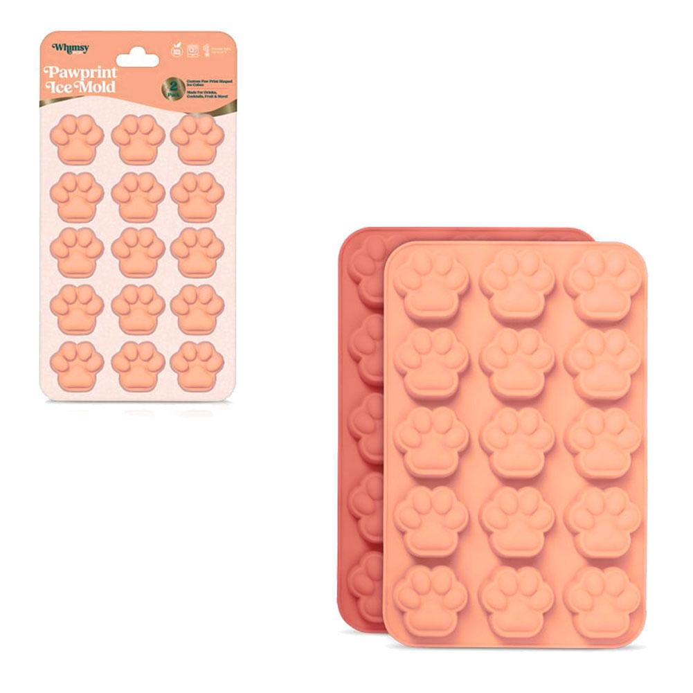 Whimsy 2 Pack 15 Cube Paw Print Ice Cube Mold, Silicone, Easy Release, Orange & Pink image