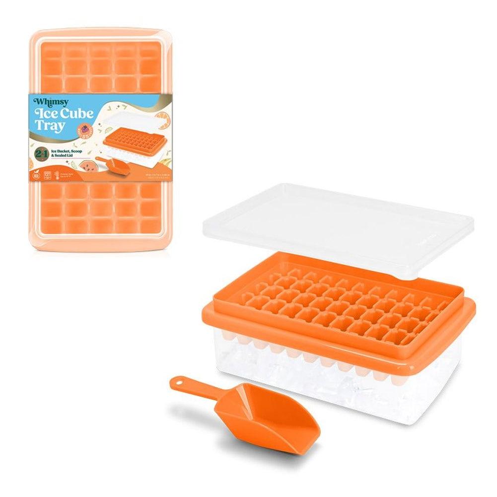 Whimsy 2 In 1 Mini Ice Cube Tray, Scoop & Lid, Orange, Plastic BPA Free, 10"x6.7"x3.35"H image
