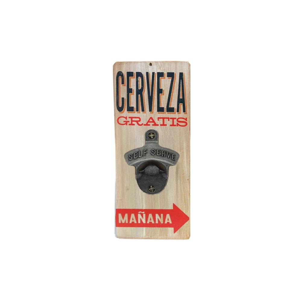 Open Road Free Beer Tomorrow (Spanish) Wall Bottle Opener Wood/Metal, 3.5"x0.375"x8"H image
