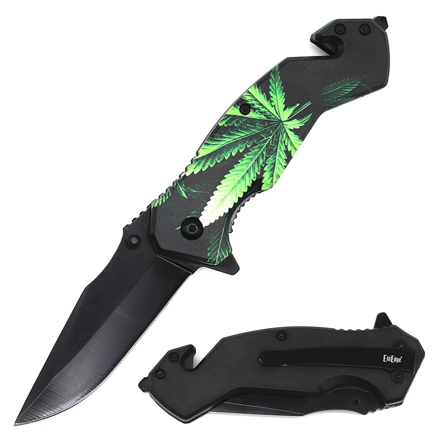 4.75" Closed Marijuana Pot Leaf Design Tactical Rescue Spring Assist Knife image