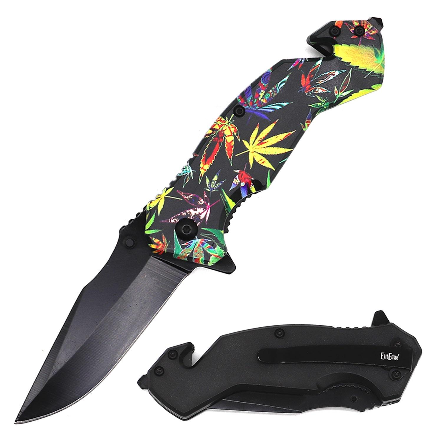 4.75" Closed Marijuana Design Tactical Rescue Spring Assist Knife image