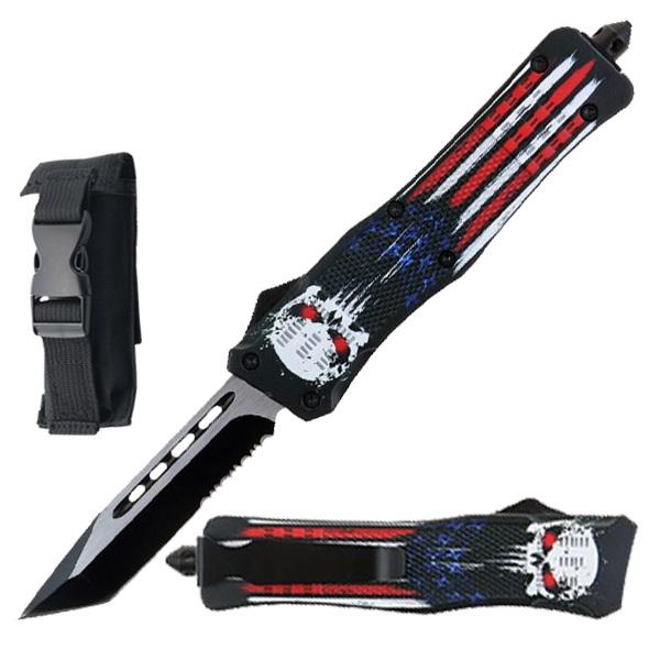 9" American Flag with Skull Tanto Point Blade Automatic OTF Pocket Knife