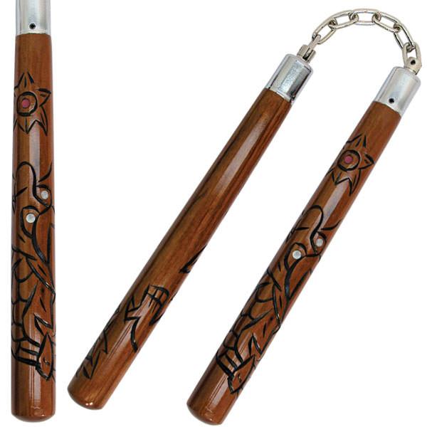 12" Dark Finish Wood Nunchaku with Carved Dragon Designs Chain