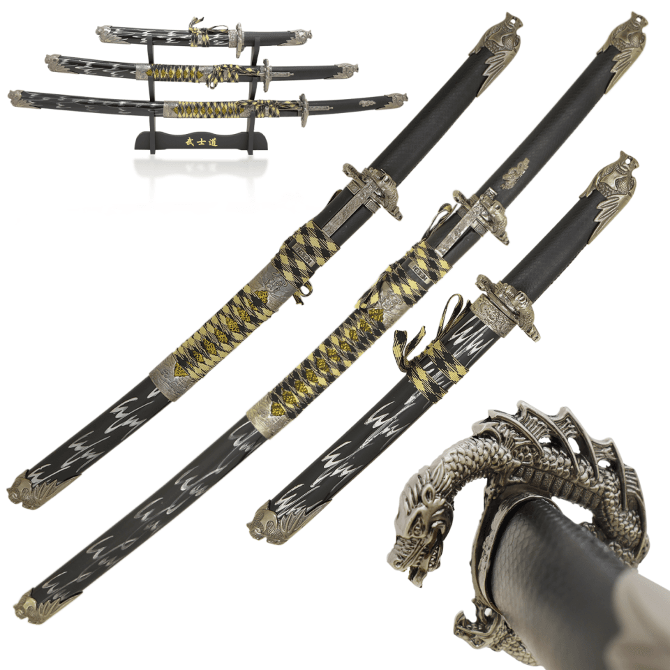 3 Piece Dragon Samurai Sword Set with Wooden Display Stand image