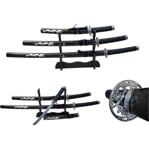 3 Piece Samurai Sword Set with Display Stand - Black Dragon image