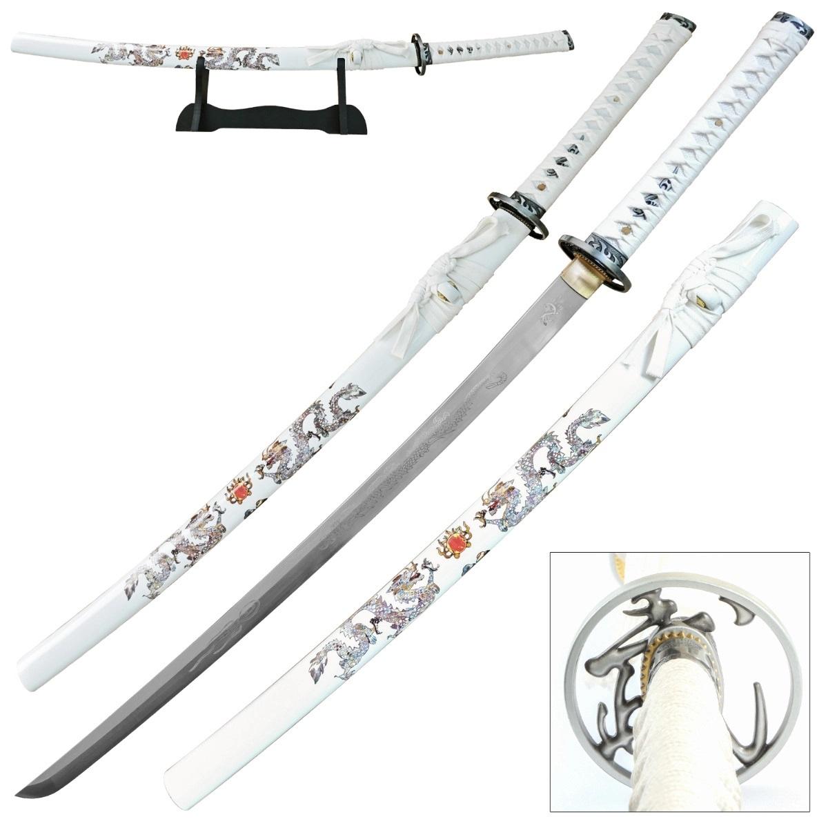 40.5 Inch Dragon Samurai Katana Sword | White Painted Scabbard image