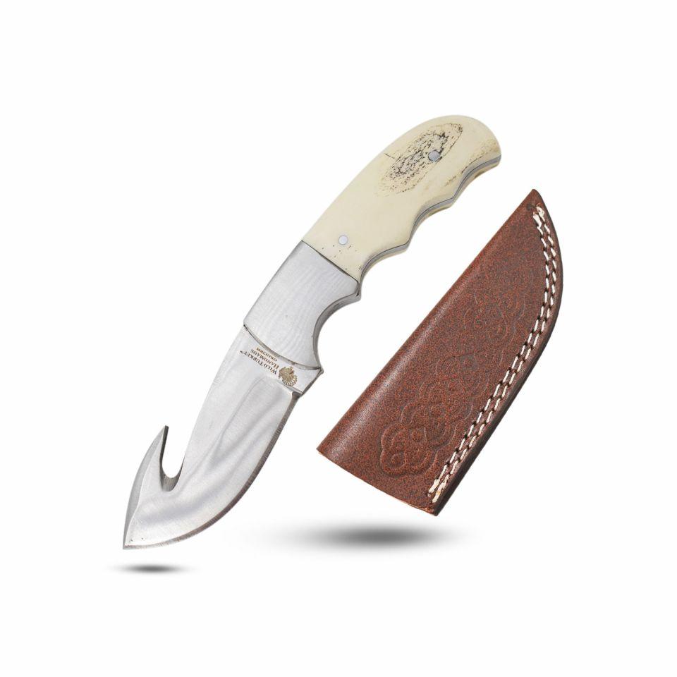 6.5 Inch Handmade Gut Hook Skinner Fixed Blade Knife Real Bone Handle image