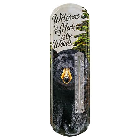 Welcome to My Neck of the Woods Black Bear Tin Thermometer image
