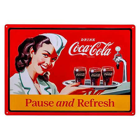 Vintage Coca-Cola Pause and Refresh Embossed Metal Tin Sign -... image