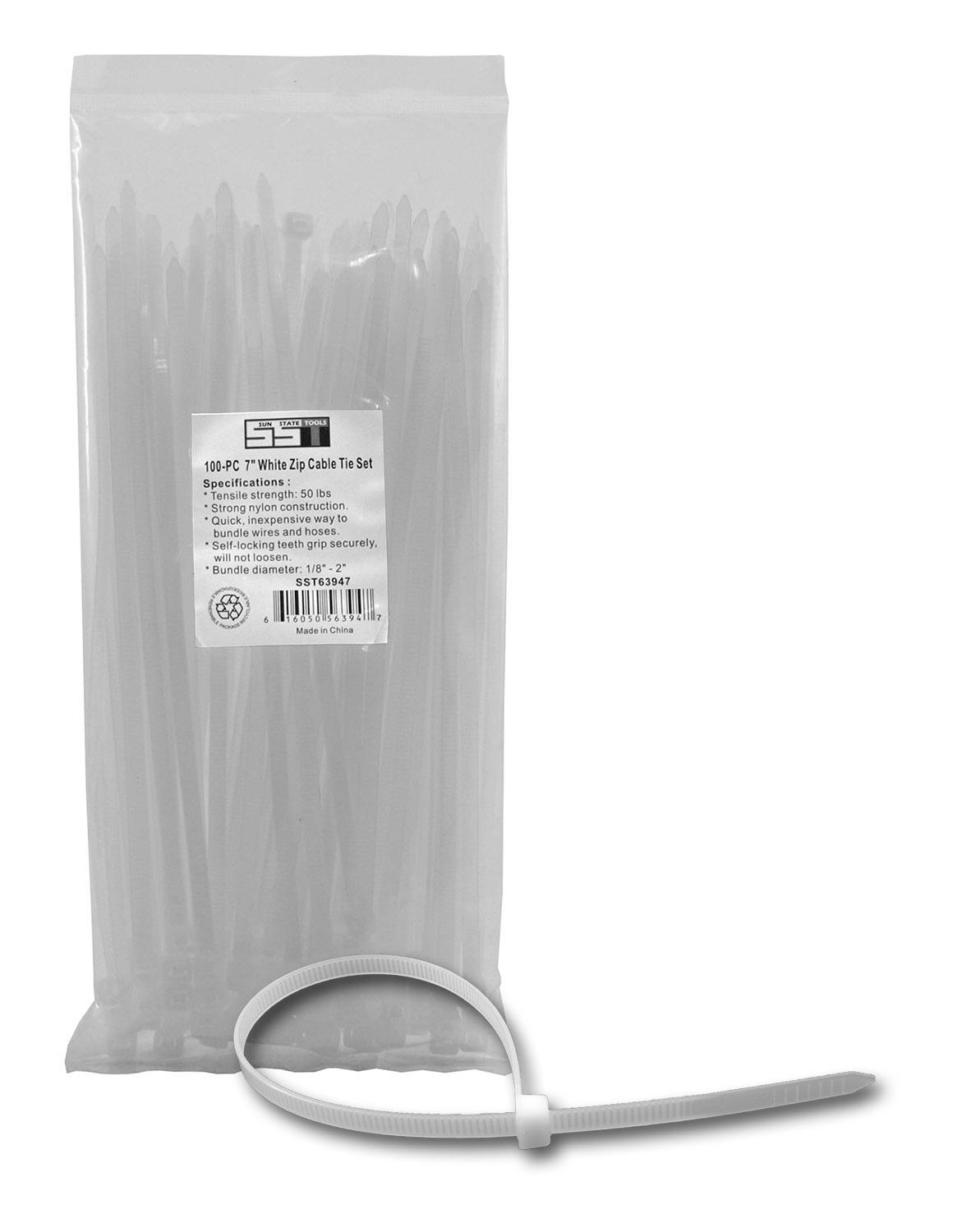 100 pc. 7" White Zip Cable Tie Set - Sun State Tools image
