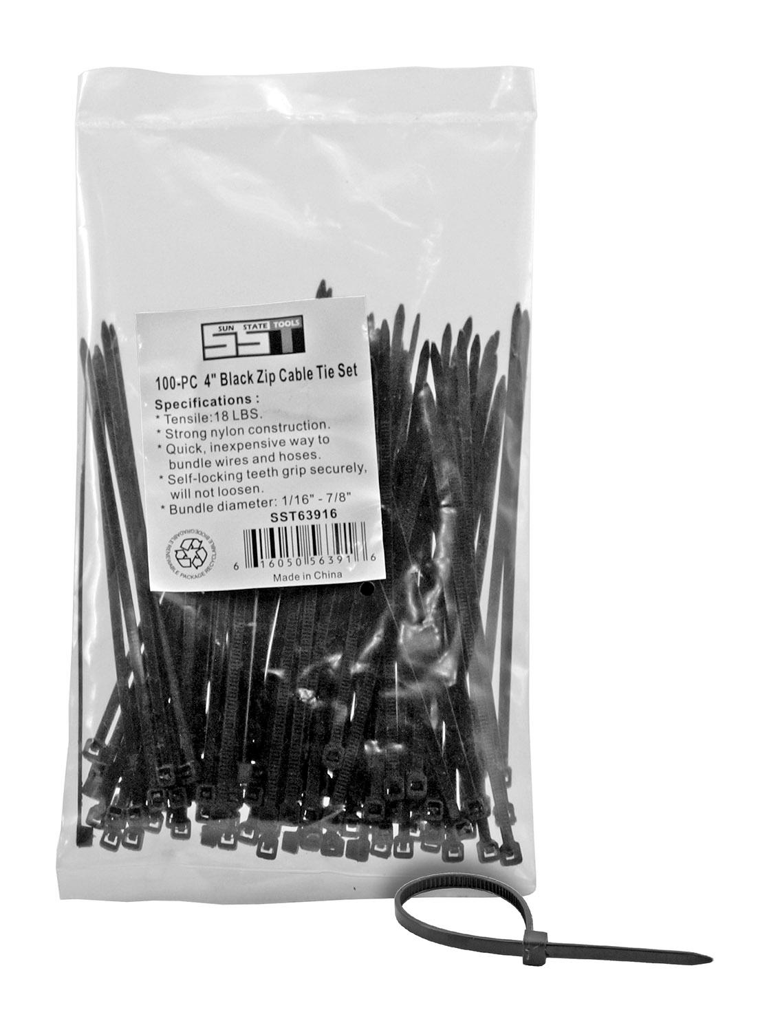 100 pc. 4" Black Zip Cable Tie Set - Sun State Tools image