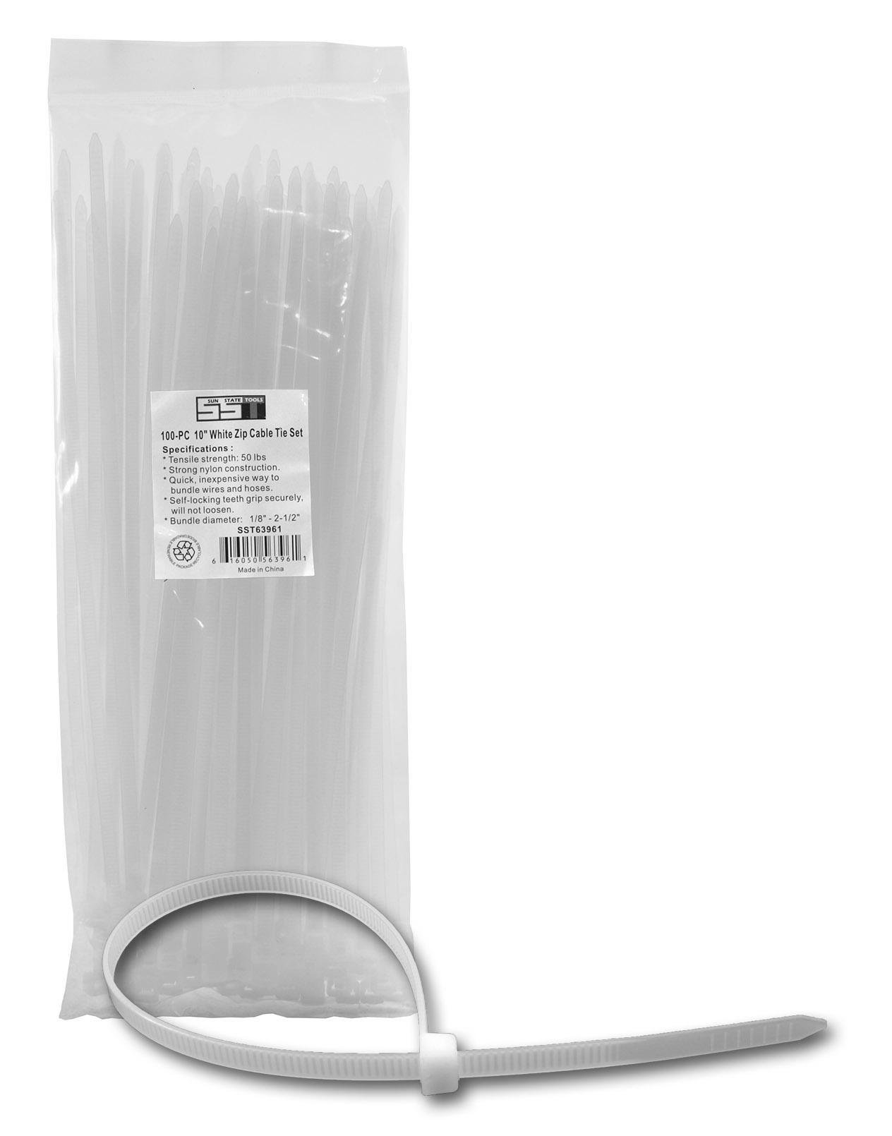 100 pc. 10" White Zip Cable Tie Set - Sun State Tools image