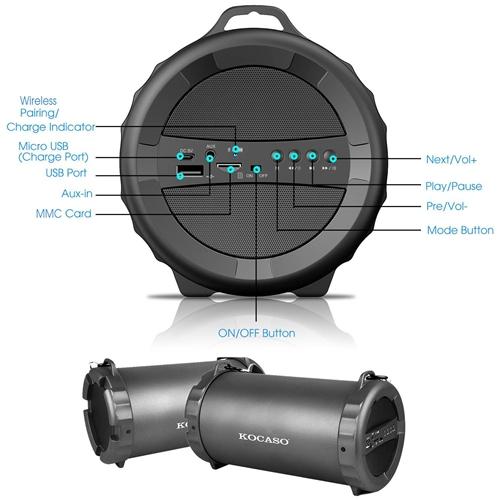 KOCASO Outdoor Wireless Speaker Booming Bass Subwoofer Hands-free Call FM Radio USB MMC Reading Aux In for Party Camping Travel